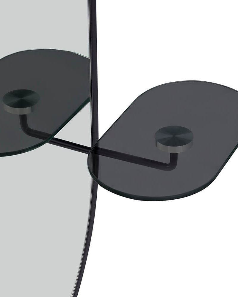 Onyx oval- Salonspejl- Sort glashylde fra Comfortel, ovalt spejlformat med svævende glashylde i røgfarvet glas